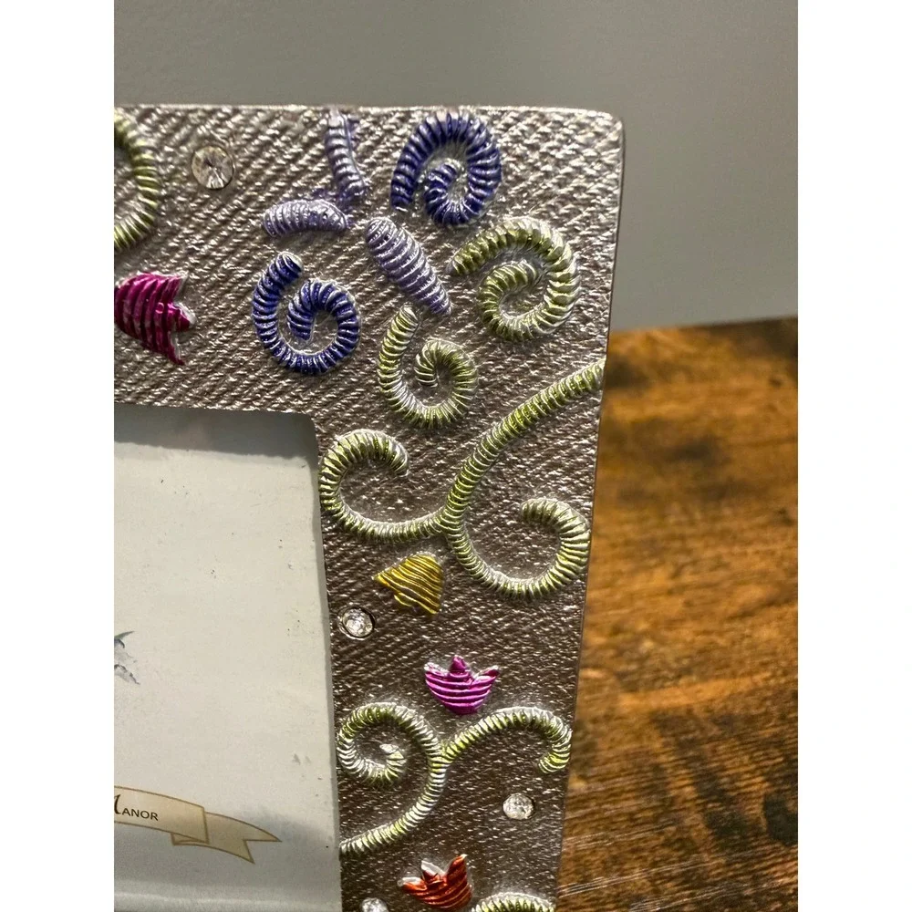Ashleigh Manor Silver Textured 3x3 Photo Frame Rhinestone Enamel Swirls Square